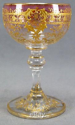 Set of 4 Moser Pale Cranberry Gold Floral Garlands Sherry Wine Glasses C. 1880-90
