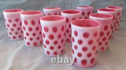 Set of Ten Opalescent White Over Cranberry Coin Dot Tumblers / Lemonade Glasses