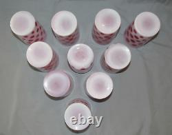 Set of Ten Opalescent White Over Cranberry Coin Dot Tumblers / Lemonade Glasses