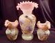 Set Of Three Hand-painted Art Glass Vases With Birds, Pink Ruffled Rims