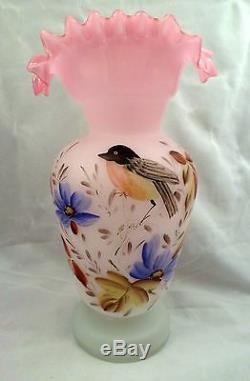 Set of Three Hand-Painted Art Glass Vases with Birds, Pink Ruffled Rims