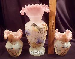 Set of Three Hand-Painted Art Glass Vases with Birds, Pink Ruffled Rims