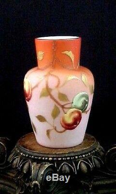 Signed Antique Victorian Bohemian Harrach Apricot to Pink Enamel Art Glass Vase