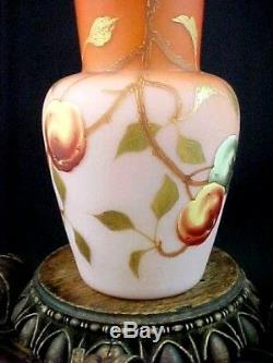 Signed Antique Victorian Bohemian Harrach Apricot to Pink Enamel Art Glass Vase