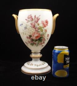 Signed Josephinenhütte Antique Opaline Hand Painted Floral Art Glass Urn Vase