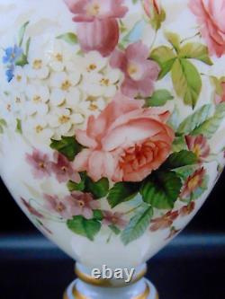 Signed Josephinenhütte Antique Opaline Hand Painted Floral Art Glass Urn Vase