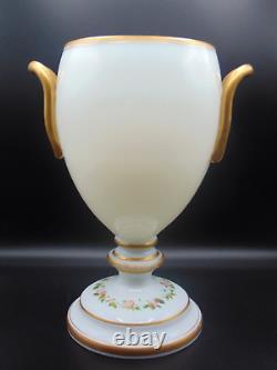 Signed Josephinenhütte Antique Opaline Hand Painted Floral Art Glass Urn Vase