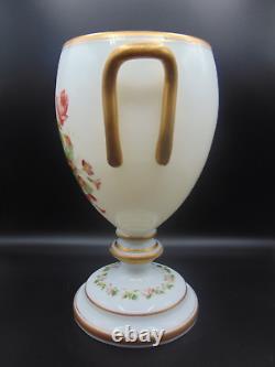 Signed Josephinenhütte Antique Opaline Hand Painted Floral Art Glass Urn Vase