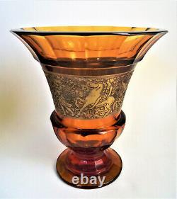 Signed MOSER Antique AMBER Gold Cameo Frieze Art Deco BOHEMIAN CZECH Glass VASE