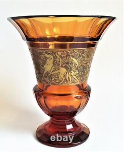 Signed MOSER Antique AMBER Gold Cameo Frieze Art Deco BOHEMIAN CZECH Glass VASE