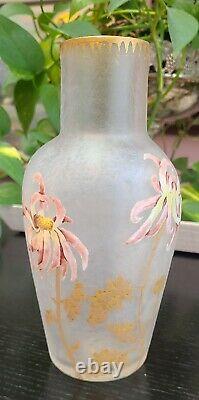 Signed Mont Joye French Cameo Art Glass Vase. Frosted With Enamel Floral Decor