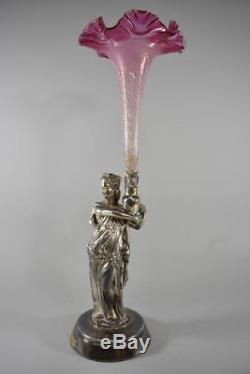 Silver Plate Victorian Cranberry Art Glass Epergne Female Figure