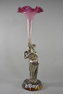 Silver Plate Victorian Cranberry Art Glass Epergne Female Figure
