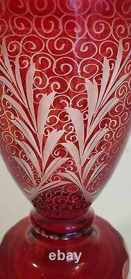 Spectacular Egermann Bohemian Ruby Cut to Clear Art Glass Vase Chrysanthemums