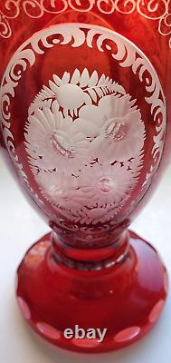 Spectacular Egermann Bohemian Ruby Cut to Clear Art Glass Vase Chrysanthemums