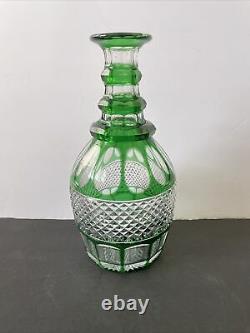 St. Louis Trianon Crystal Green Cut To Clear Triple Ring Barware Wine Decanter