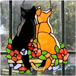 Stained Glass Cats Kitties Window Panel Colorful Hanging Sun Catcher withChain