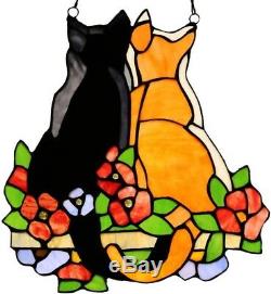 Stained Glass Cats Kitties Window Panel Colorful Hanging Sun Catcher withChain
