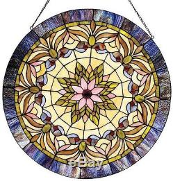 Stained Glass Window Panel Tiffany Style Round Victorian Hanging Wall Decor Art
