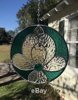 Stained Glass Window Suncatcher Victorian Flower Emerald 9 Round Circle