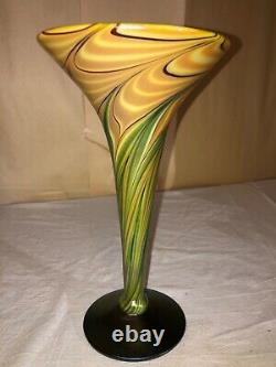 Steven Lundberg Glass Art Studio Pulled Feather Vase-Label Signed Gold Aurene