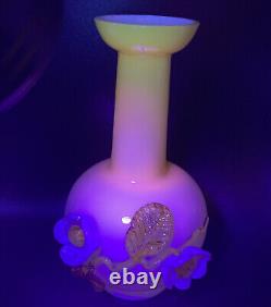 Stevens & Williams Glass Vase Matsu-No-Ke Applied Flowers Glows 8 Tall