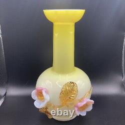 Stevens & Williams Glass Vase Matsu-No-Ke Applied Flowers Glows 8 Tall