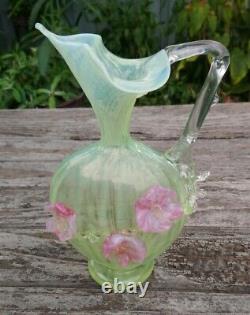 Stevens & Williams Harrach Uranium Glass Applied Flower Striped Ewer Vase 22cm