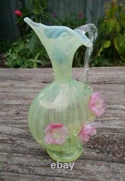 Stevens & Williams Harrach Uranium Glass Applied Flower Striped Ewer Vase 22cm