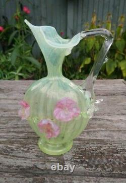 Stevens & Williams Harrach Uranium Glass Applied Flower Striped Ewer Vase 22cm