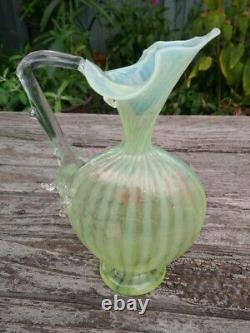 Stevens & Williams Harrach Uranium Glass Applied Flower Striped Ewer Vase 22cm