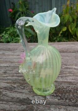 Stevens & Williams Harrach Uranium Glass Applied Flower Striped Ewer Vase 22cm