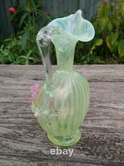 Stevens & Williams Harrach Uranium Glass Applied Flower Striped Ewer Vase 22cm