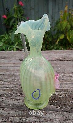 Stevens & Williams Harrach Uranium Glass Applied Flower Striped Ewer Vase 22cm