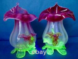 Stevens & Williams JACK-IN-THE-PULPIT Cranberry Uranium Vaseline Glass Vases