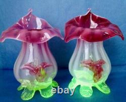 Stevens & Williams JACK-IN-THE-PULPIT Cranberry Uranium Vaseline Glass Vases