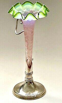 Stevens & Williams Opalescent Green/Pink Trumpet Art Glass with Art Nouveau Stand