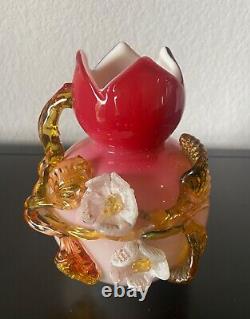 Stevens & Williams Peachblow Uranium Applied Floral Vase Antique Victorian Glass
