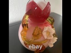 Stevens & Williams Peachblow Uranium Applied Floral Vase Antique Victorian Glass