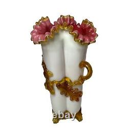 Stevens & Williams Peachblow w Applied Floral Vase Antique Victorian Glass 12