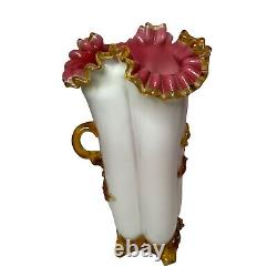 Stevens & Williams Peachblow w Applied Floral Vase Antique Victorian Glass 12