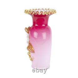 Stevens & Williams Peachblow w Applied Floral Vase, Antique Victorian Glass 8.5