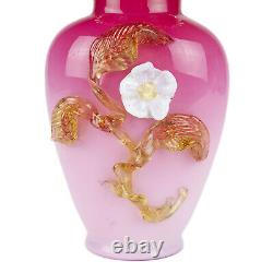 Stevens & Williams Peachblow w Applied Floral Vase, Antique Victorian Glass 8.5