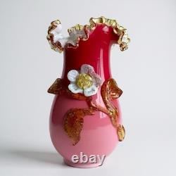 Stevens & Williams Peachblow w Applied Floral Vase, Antique Victorian Glass Pink