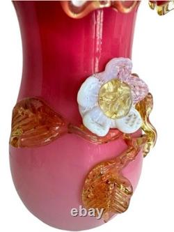 Stevens & Williams Peachblow w Applied Floral Vase, Antique Victorian Glass Pink