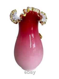 Stevens & Williams Peachblow w Applied Floral Vase, Antique Victorian Glass Pink