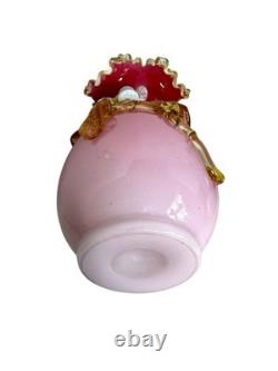 Stevens & Williams Peachblow w Applied Floral Vase, Antique Victorian Glass Pink