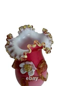 Stevens & Williams Peachblow w Applied Floral Vase, Antique Victorian Glass Pink