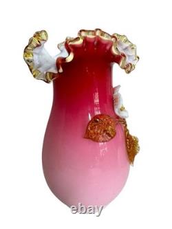 Stevens & Williams Peachblow w Applied Floral Vase, Antique Victorian Glass Pink