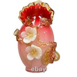 Stevens & Williams Pink Victorian Applied Floral Vase, Art Glass 8.5